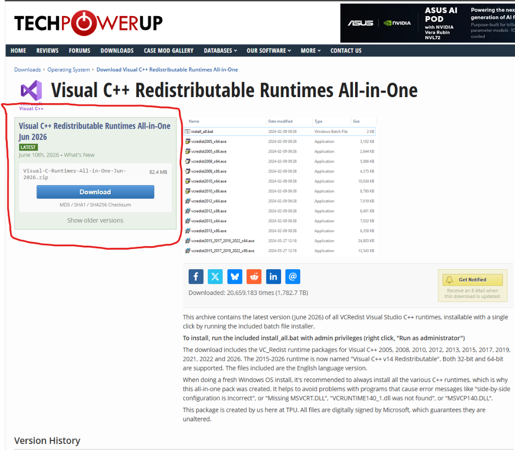 Download the circled Visual C++ Redistributable Runtimes All-in-One
